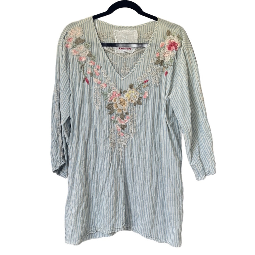 Johnny Was 3J Workshop Blue Striped Floral Tunic size Lg